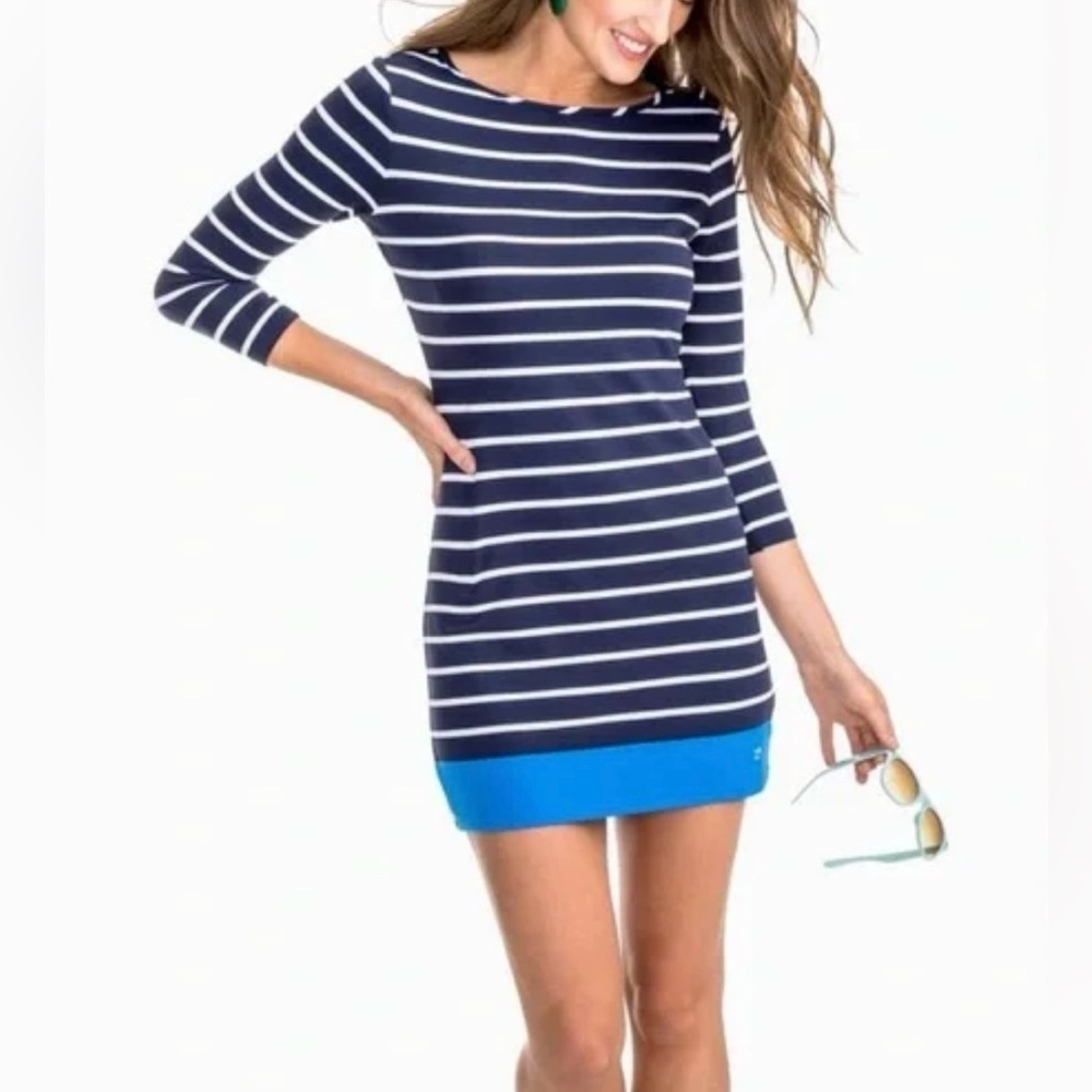 Southern Tide Women’s Soft Knit Striped Dress Crewneck 3/4 sleeves Navy White XS